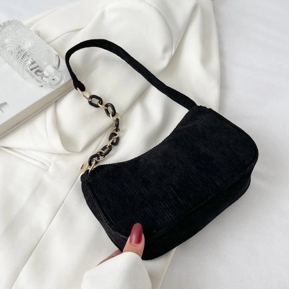 Black Corduroy Velvet Shoulder Bag withChain Strap Detail + Gold Hardware NWOT - Picture 4 of 8